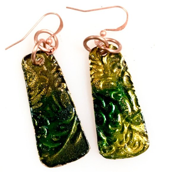 Rustic Little  Green Blue Textured Solid Copper Earrings Brutalist Abstract Boho - Picture 8 of 8
